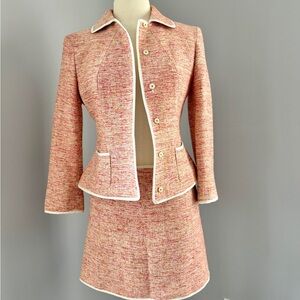 Vintage Silk Tweed Skirt Suit Set Petite Pink Cream Tailored Jacket